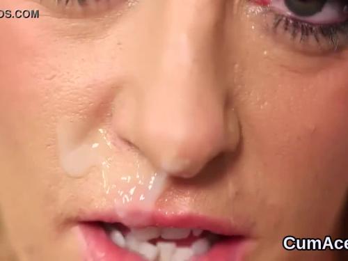 Foxy bombshell gets cumshot on her face swallowing all the cream